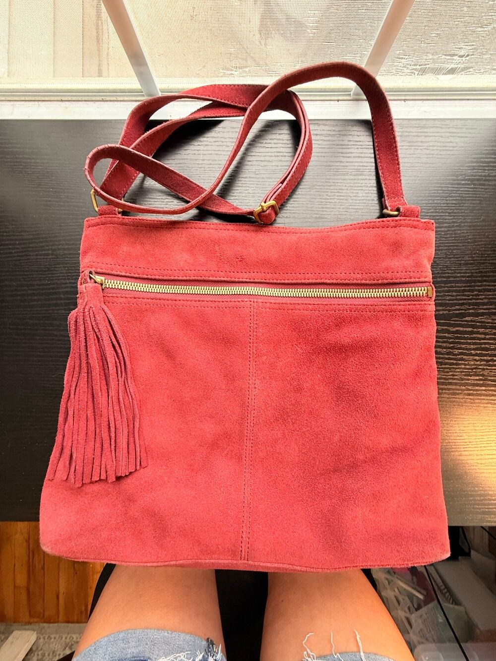 Margot Red Suede Leather Crossbody Shoulder Bag Tassel Boho Adjustable Strap
